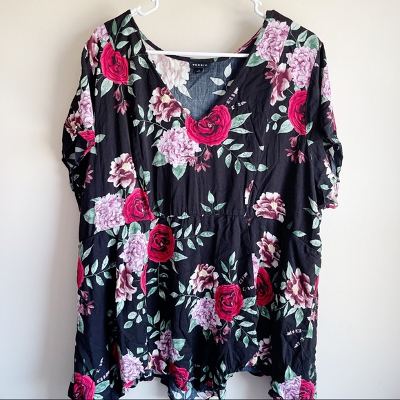 Torrid Black Floral Challis Handkerchief hem Blouse - Picture 2 of 5